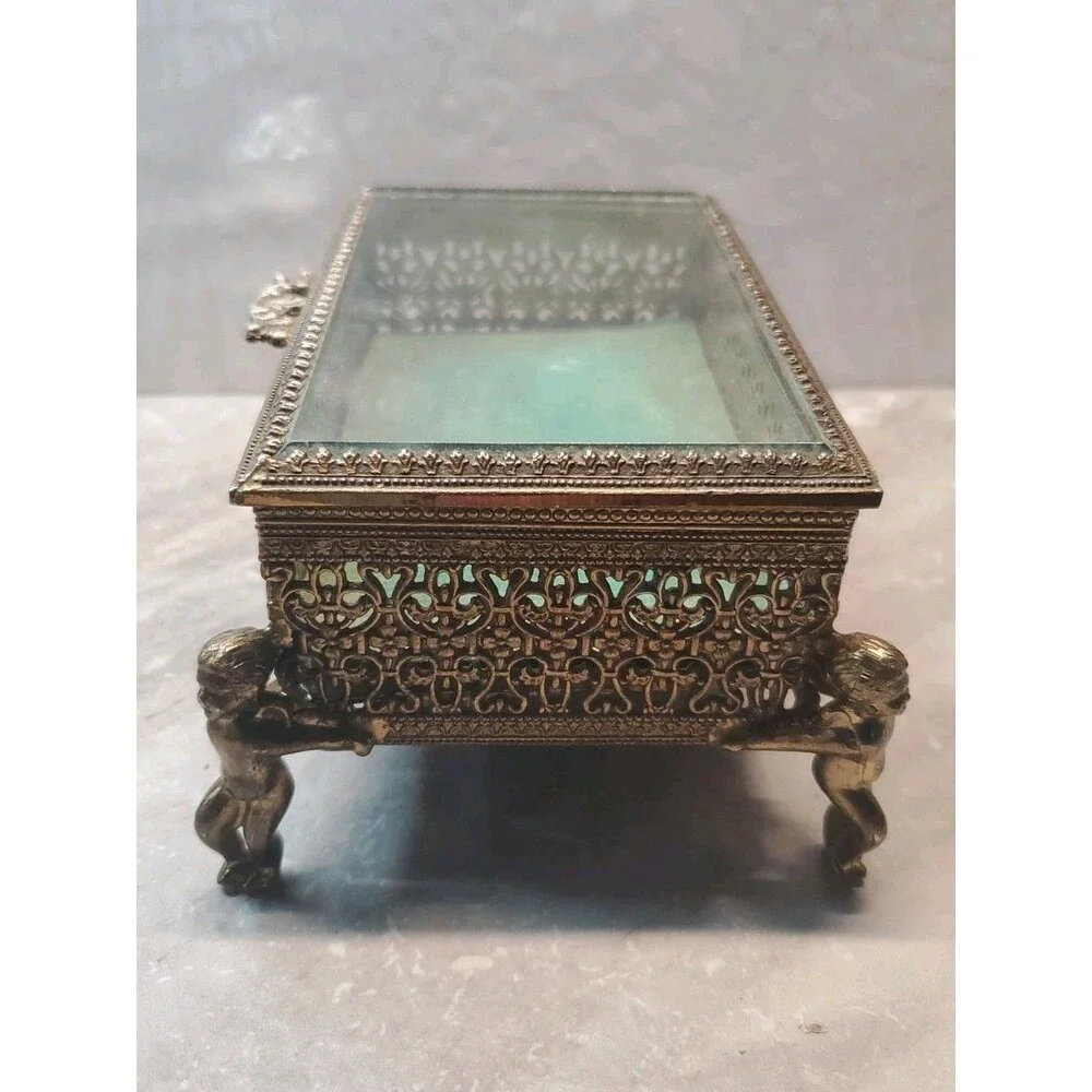 Antique Ormolu Gold Filigree Jewelry Casket Box Beveled Glass Velvet Cherub